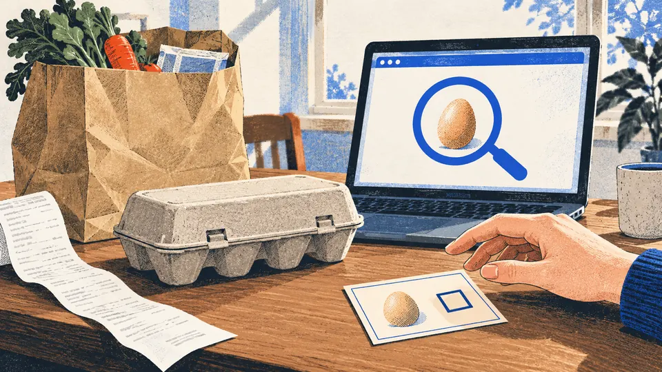 卵を調べる画面の前に卵の箱とレシートが届き、購入の承認欄が空いたままの挿絵