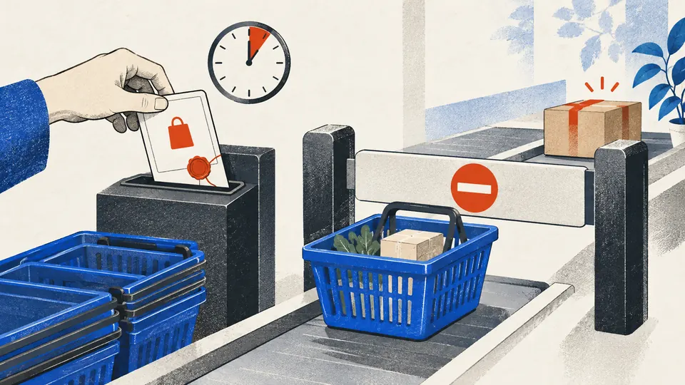 購入の許可を引き戻すと次の買い物が止まり、完了済みの荷物は残る挿絵