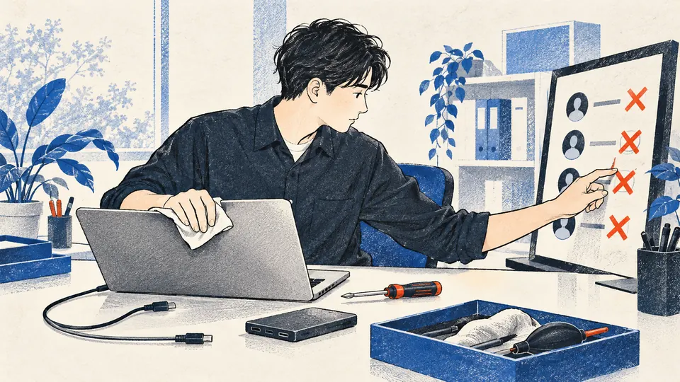 担当者が端末を点検しながら、別の画面で古いアクセス権を失効させる挿絵